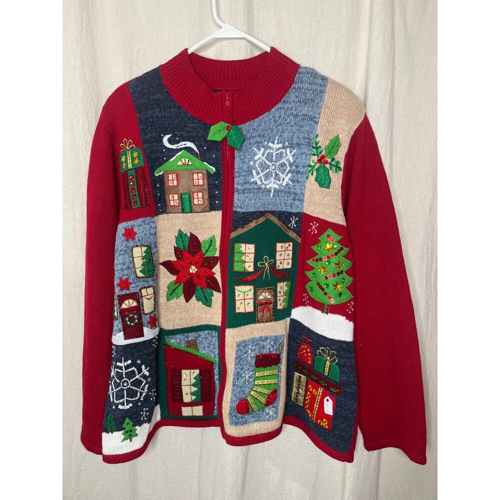 1990s Ms. Lee Christmas Holly Patchwork Granny Teacher Full Zip Cardigan 2X